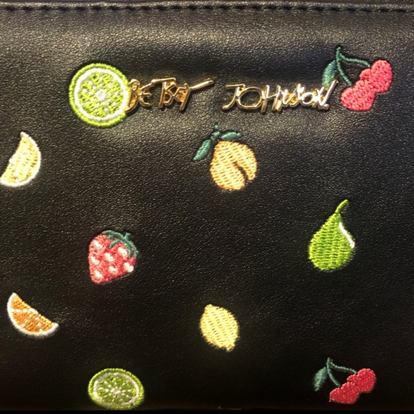 NWT-Betsey Johnson-Fruit🍒🍋🍊🍐🍓🍑Embroidered-Large Zip Around Wristlet Wallet-$58 - Picture 2 of 12
